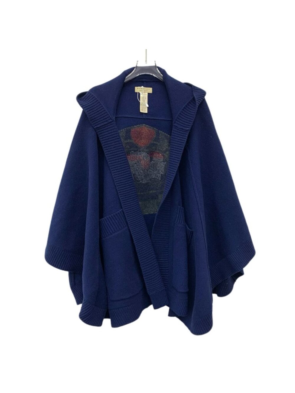 Burberry Navy Blue Equestrian Knight & Wheat Intarsia Wool Hooded Cape